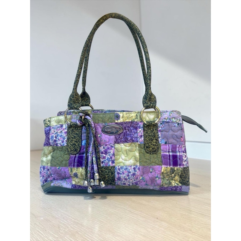 Donna Sharp Quilted Patchwork Satchel Bag Purple Green Floral Bell Charms 13x7"